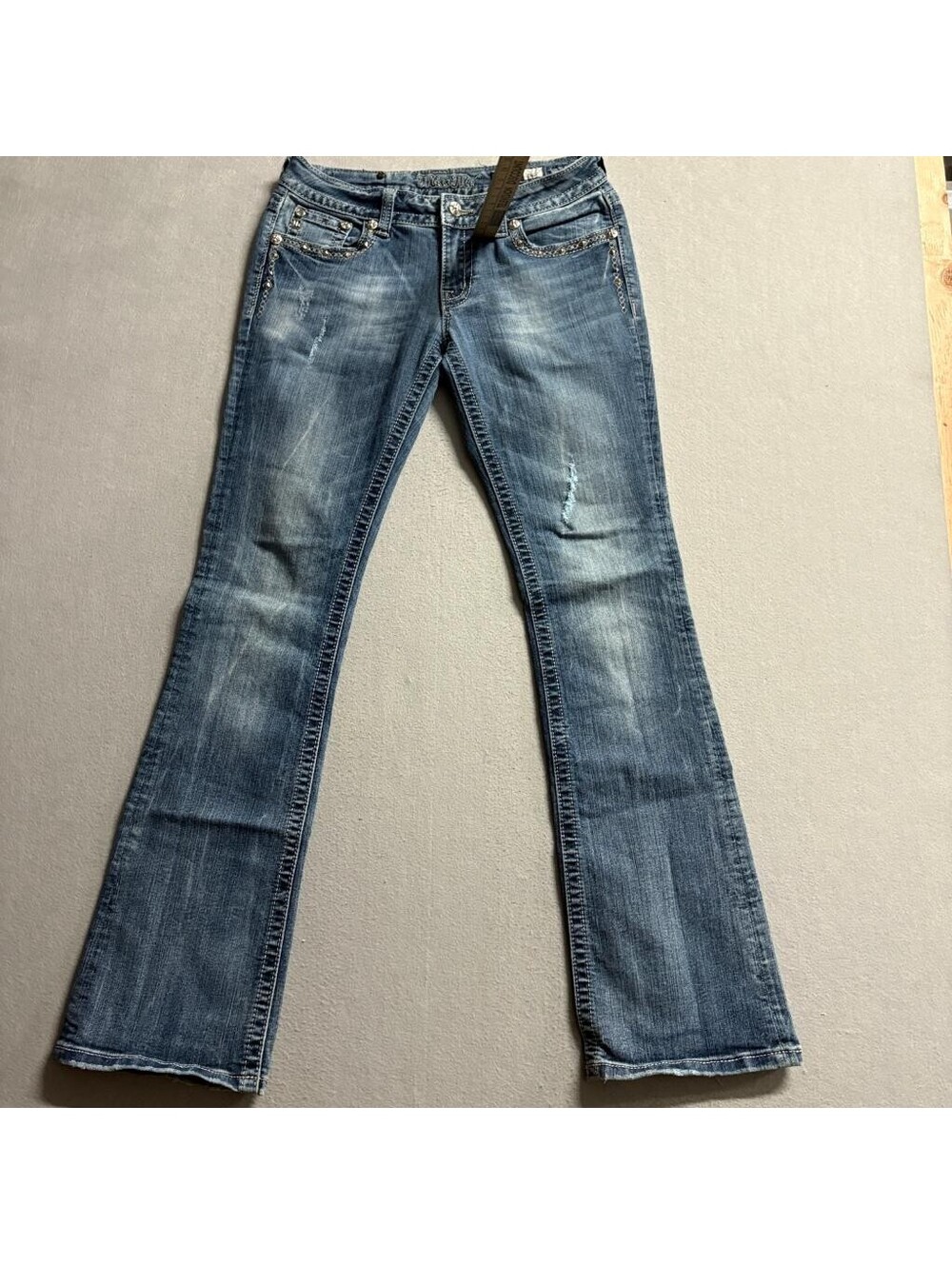 Miss Me Bootcut Jeans Womens 29 Blue Distressed Embellished JP6187B Inseam 32